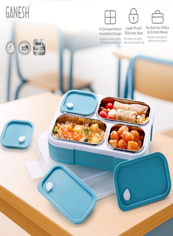 Ganesh Aspire 4 Compartment Stainless Steel Lunch Box Sealed Leakage Proof Lunch Box for Office School etc 500ml-Peach - Image 5